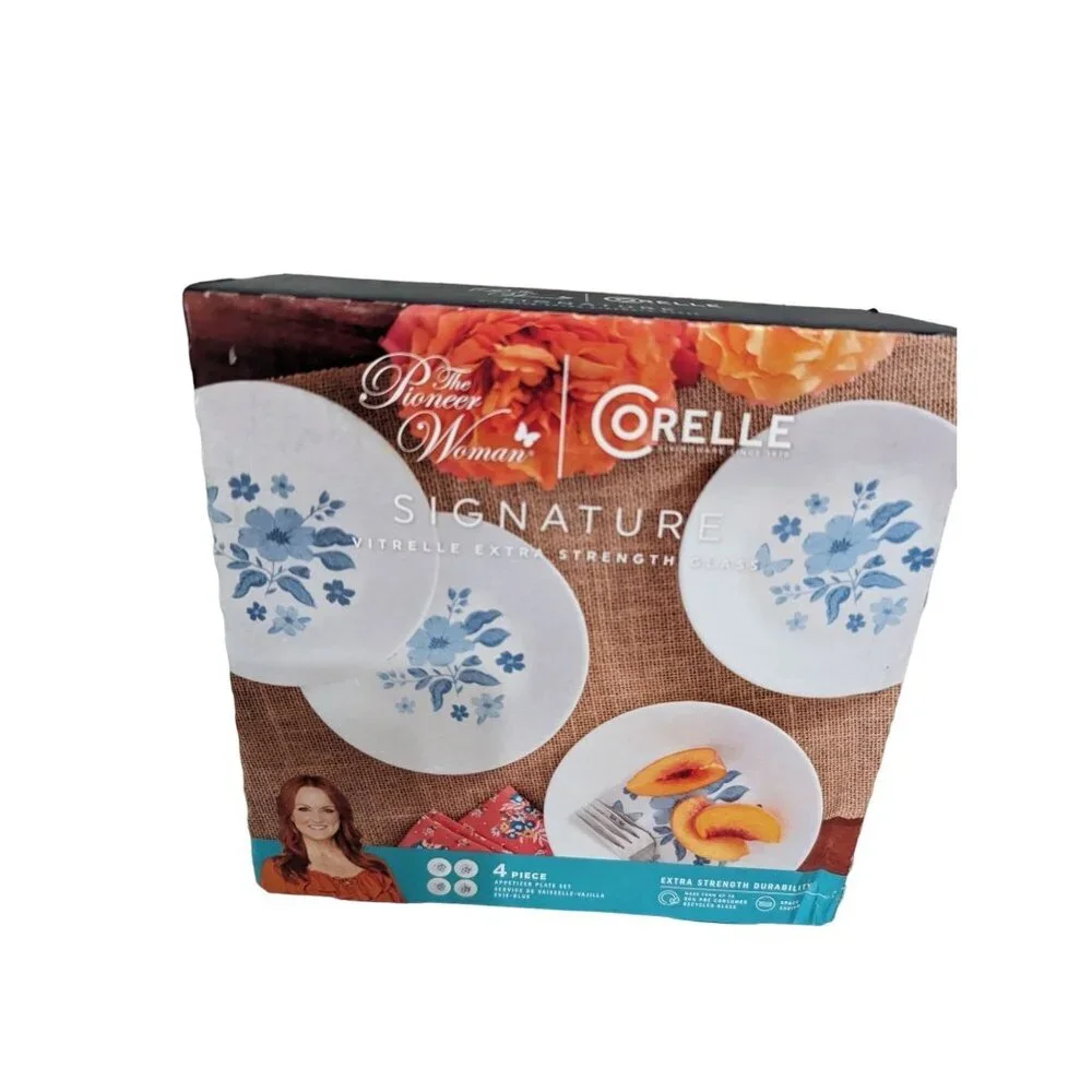 The Pioneer Woman Corelle Signature Evie Blue 4 Piece Appetizer Plate‎ Set Glass